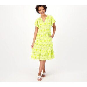Destination 365 Tiered Dress Size Medium Regular Printed Flutter Sleeve Lime NEW